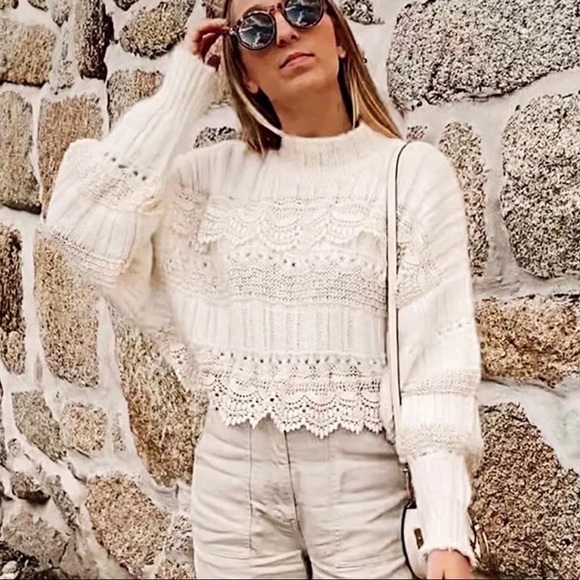 Lace sweater knit creamy white long sleeve top - Picture 2 of 9